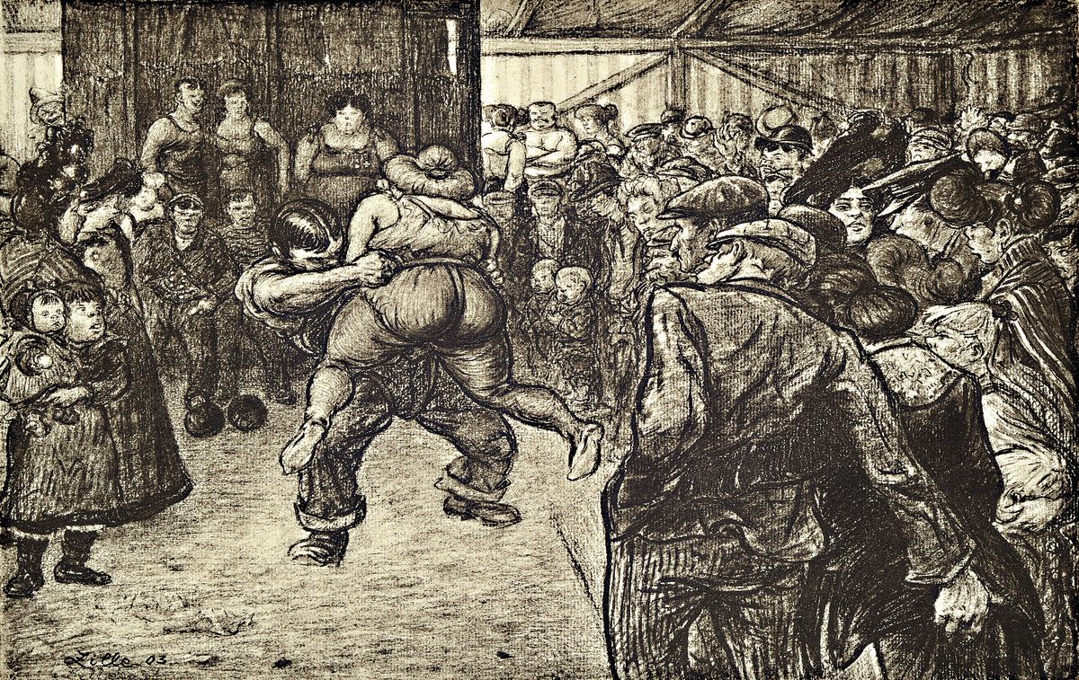 Heinrich Zille, 1858-1929, Ringkampf in der Schaubude, Lithografie, re. u. num. 40/100, ca., knicke zusehen , Motiv ca. 12,5x20 cm, gesamt ca. 55x39 ...