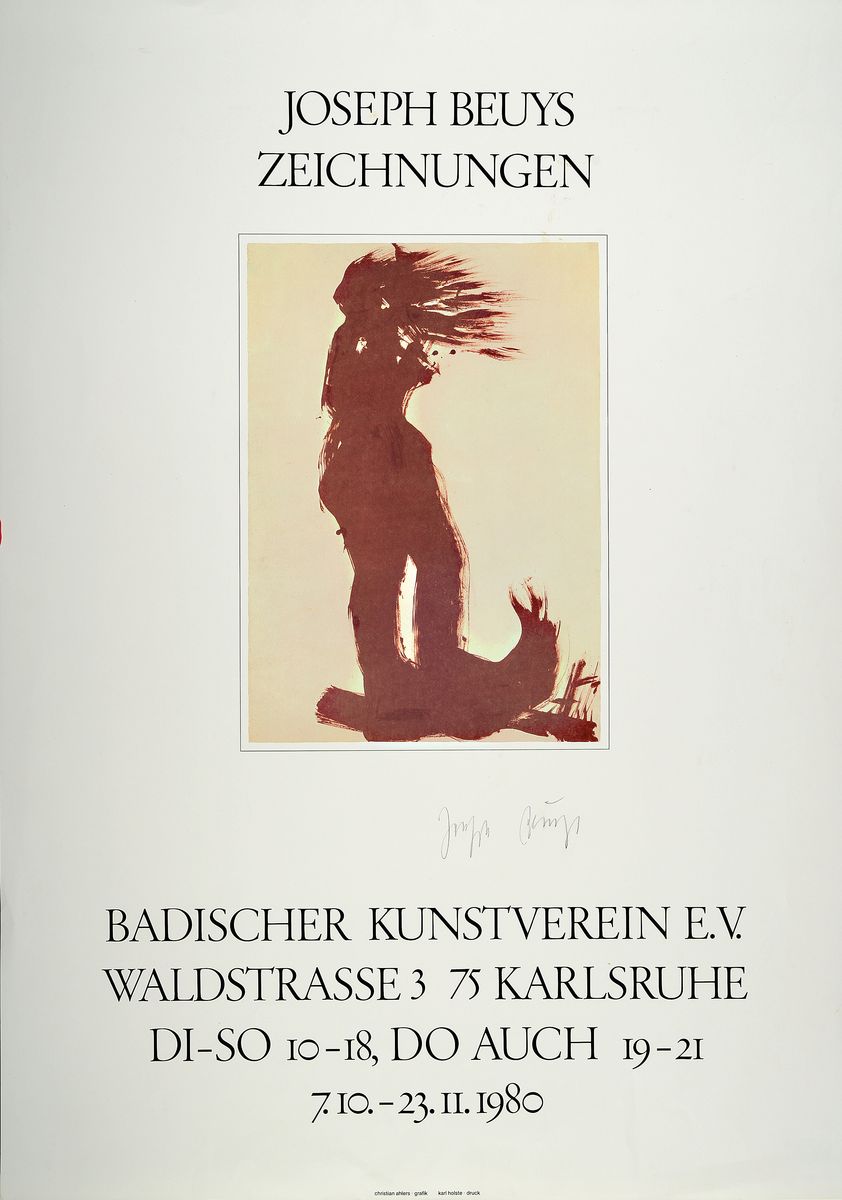 Joseph Beuys, 1921-1986, Plakat zur Ausstellung: Zeichnungen, Badischer Kunstverein Karlsruhe, offset, sign., Blatt ca. 85x59 cm, griffknicke zusehen