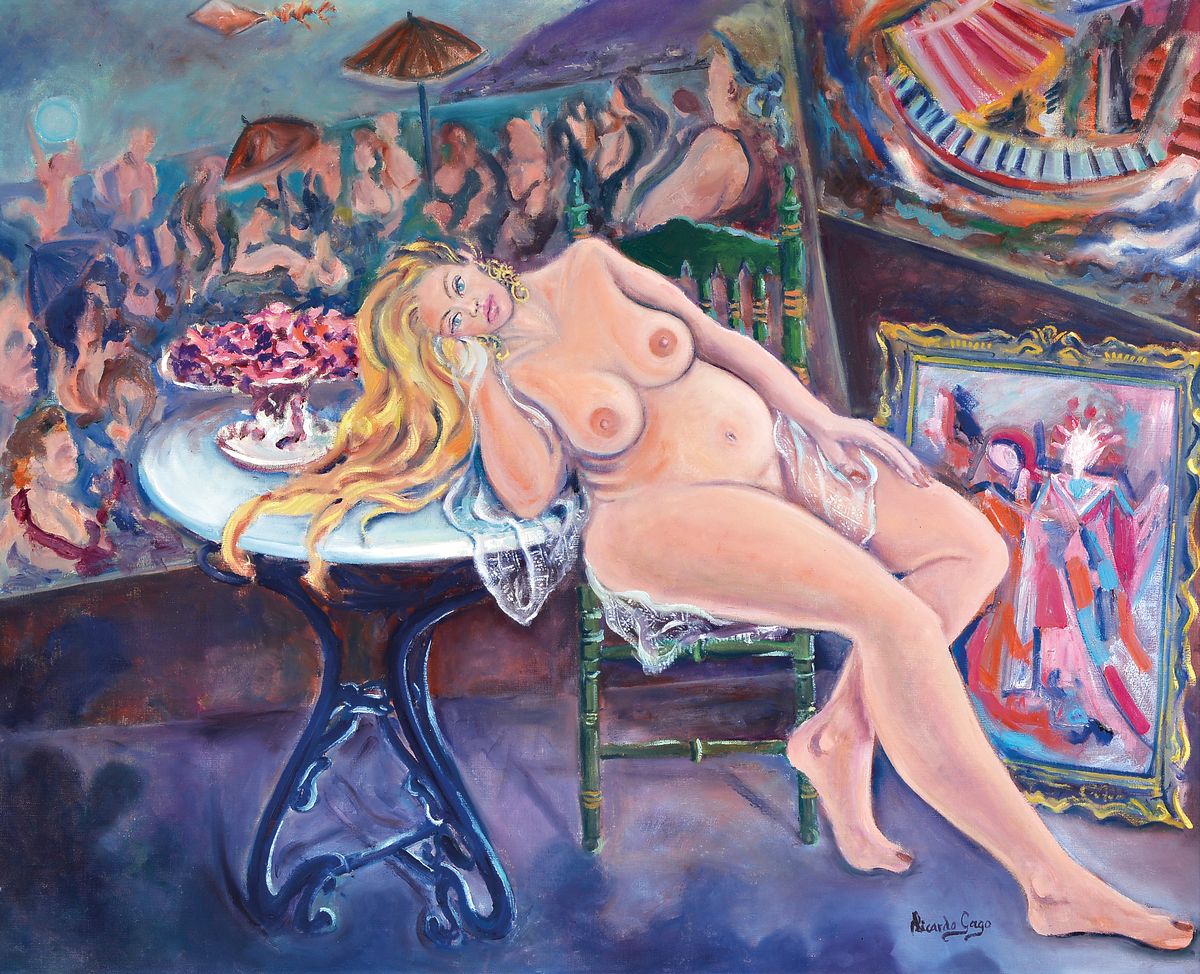 Ricardo Gago, Can Gili, geboren 1949, spanischer zeitgenössischer Künstler, hier: Frauenakt im Atelier, Öl/Lwd., signiert, ca. 80 x 100 cm, ...