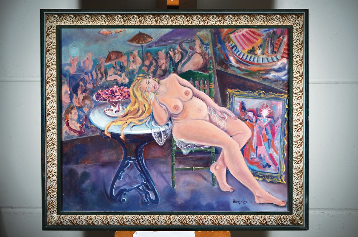 Detail k: Ricardo Gago, Can Gili, geboren 1949, spanischer zeitgenössischer Künstler, hier: Frauenakt im Atelier, Öl/Lwd., signiert, ca. 80 x 100 cm, ...