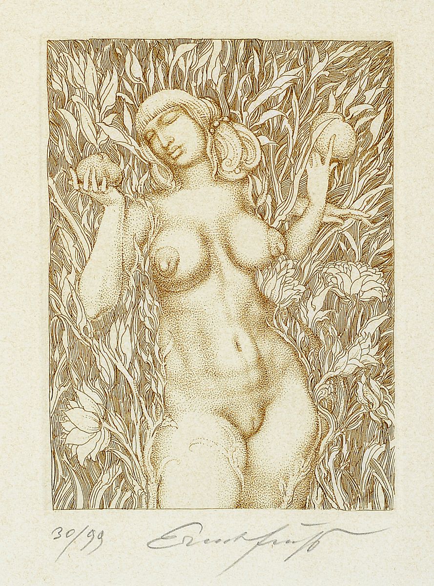 Detail a: Ernst Fuchs, geb. 1930 Wien, 2 Grafiken: "In Blättern und Früchten, Radierung, mit Bleistift signiert, 30/99, aus dem Jahr 1967. ca- 12 x 9 cm ...