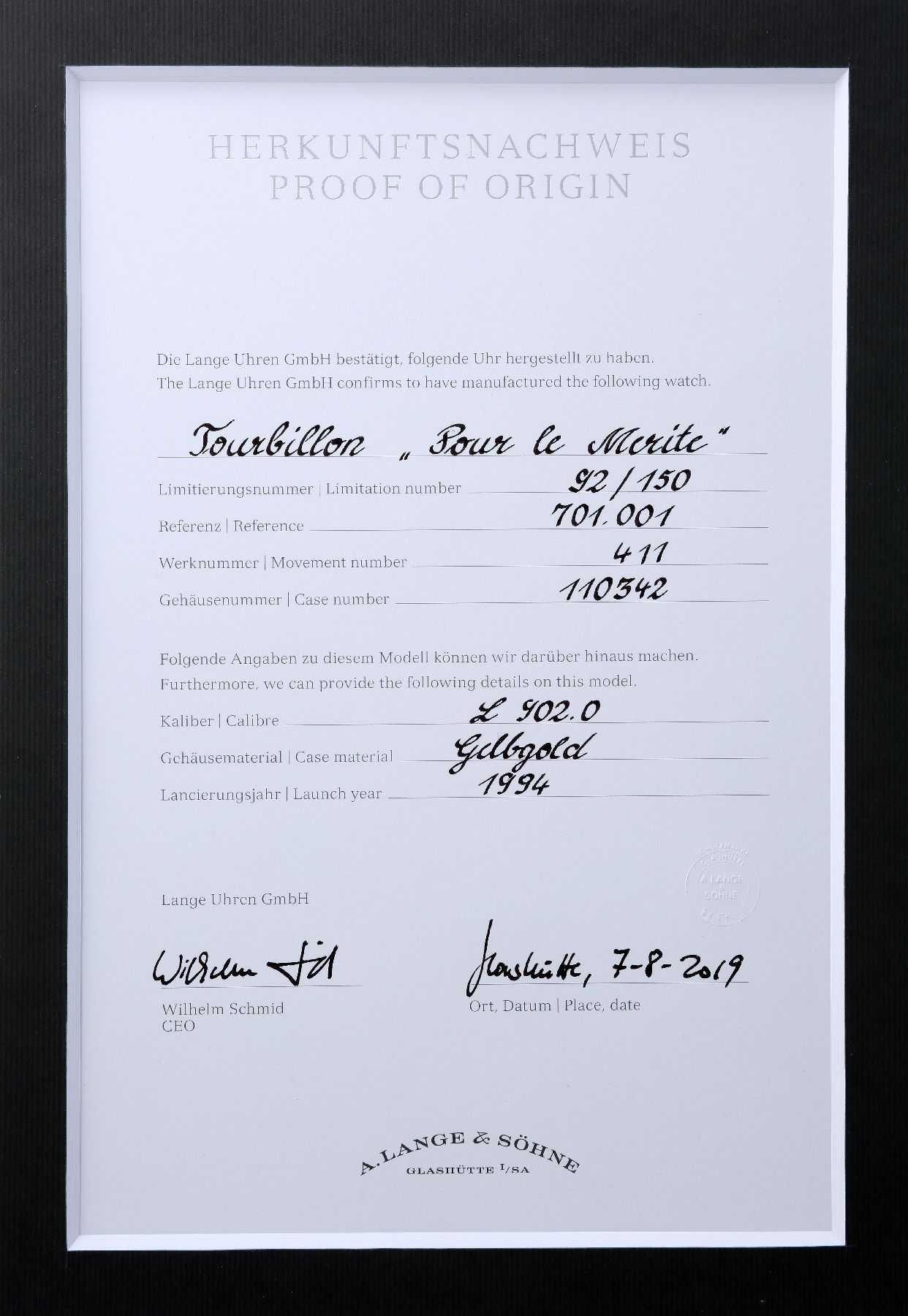 Detail l: A. LANGE & SÖHNE hochfeines & seltenes Tourbillon Pour le Mérite in GG 750/000, Ref. 701.001, auf 150 Stück limitiertes Sondermodell, 3-teil. Geh. ...