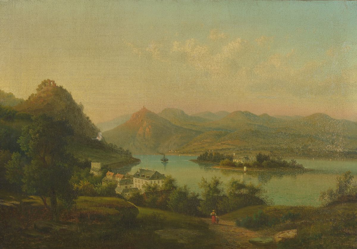 Unbekannter Künstler, 2.H. 19. Jh., Berglandschaft, Dorf am See, Mutter mit Kind, ca. 2,5 cm großer Riss in der Leinwand, Öl/Lwd, Prunkrahmen, ...