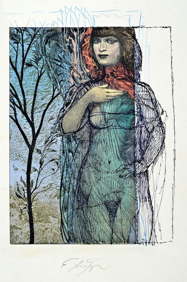 Ernst Fuchs, 1930-2015, Mit Bleistift und Farbstift überarbeitete Aquatinta auf Bütten, sign., ca. 42,5x33,5, Flecken zusehen