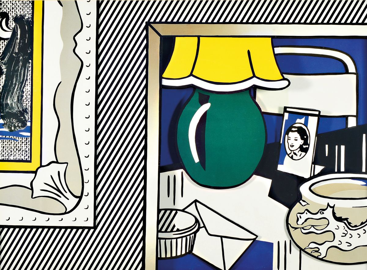Titel: Green lamp and other pictures nach Roy Lichtenstein, 3 D-Konstruktion mit Beleuchtung, ca. 50x68x5cm, u.Gl., R. ca.70x90x7cm