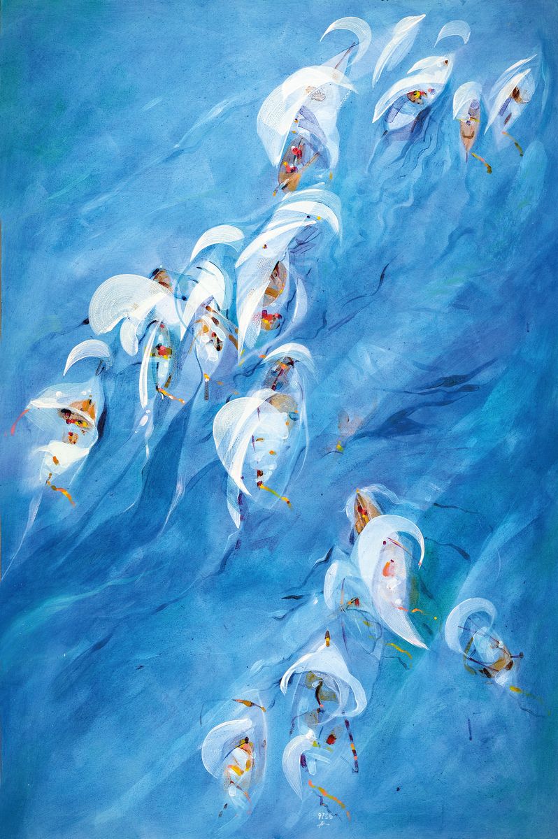 Wolfgang Blanke, geb. 1948 Münster, Segelboote aus der Vogelperspektive, Acryl/ Lwd, mittig unten signiert, ca. 150x100cm