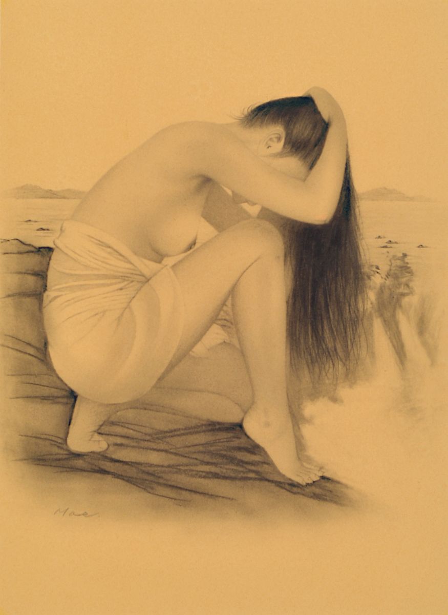 Henrik Mar, geb. 1946, asiatischer Künstler, in den Niederlanden ansässig, Studium in Amsterdam, Maler und Zeichner, Frauenakt an der Küste, ...