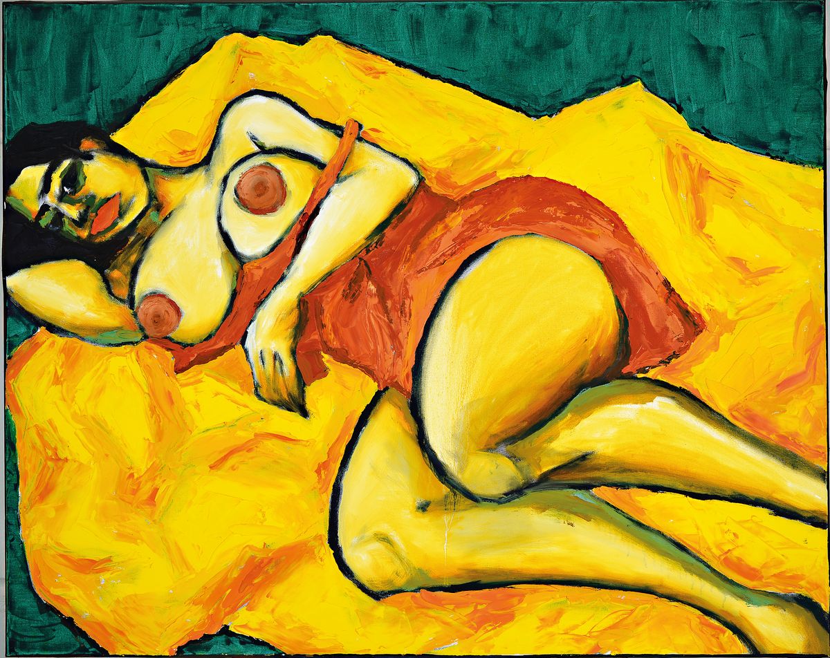 Gernot Kissel Zuschreibung, 1939-2008, liegender Frauenakt vor grünem Hintergrund, unsigniert, ca. 80 x 100 cm, stammt aus dem Atelier des Künstlers