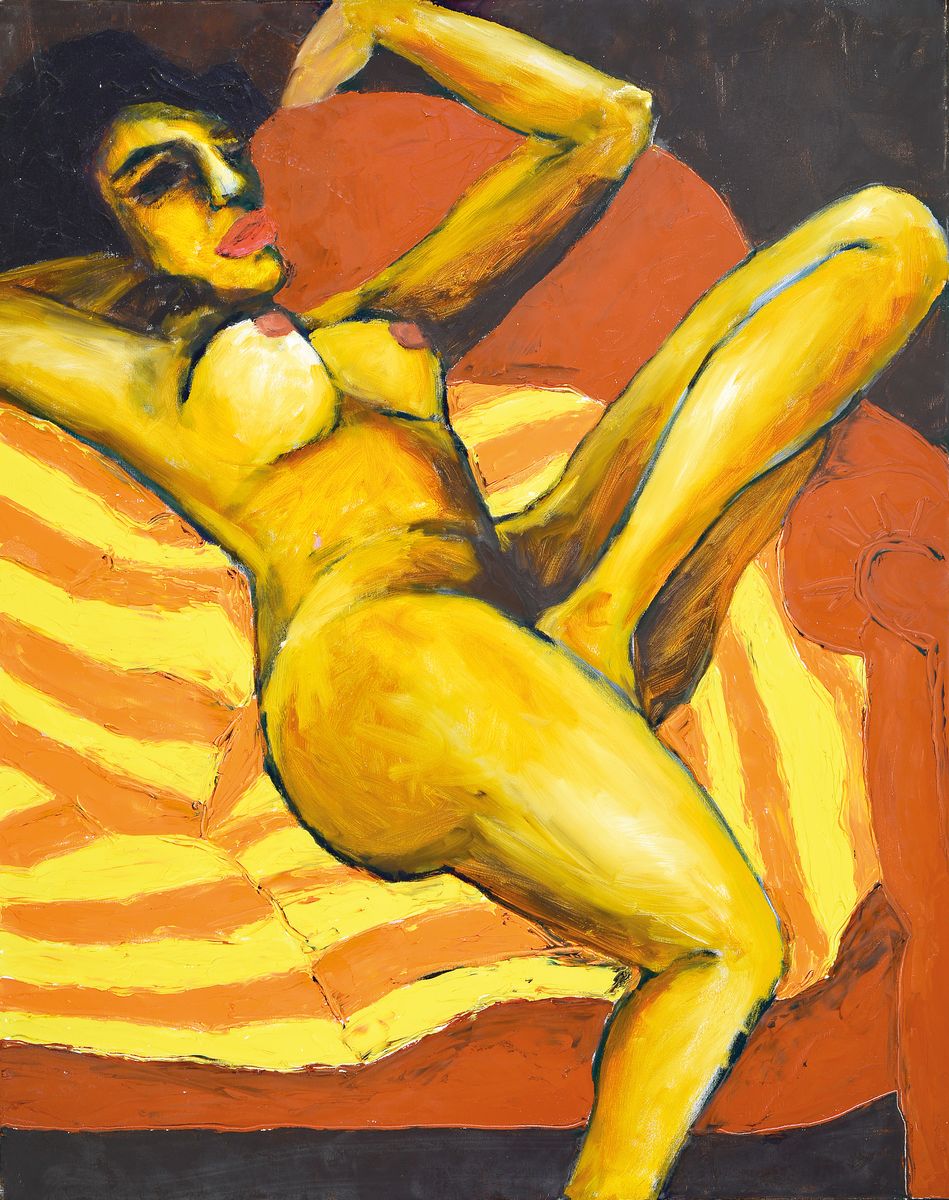 Gernot Kissel Zuschreibung, 1939-2008, liegender Frauenakt auf rotem Sessel, unsigniert, ca. 100 x 80 cm, stammt aus dem Atelier des Künstlers