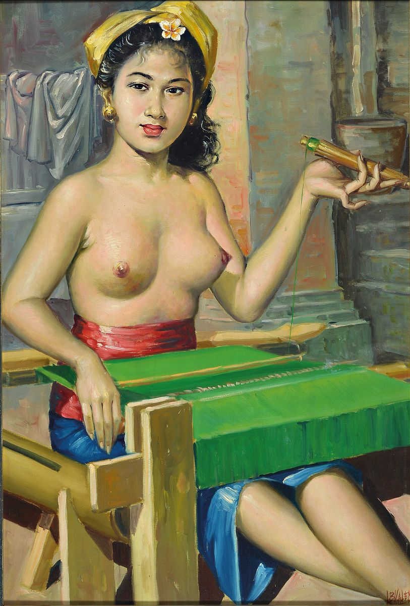 Ida Bagus Kalim, geb. 1930 Indonesien, Indonesierin beim Weben, um 1970, Öl/Hartfaser, signiert, rückseitig bezeichnet, ca. 75x51cm, R., dieser ...