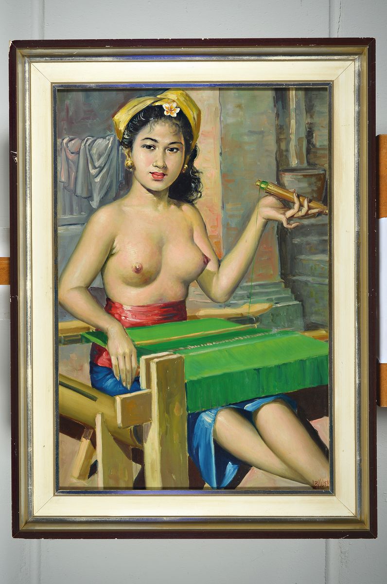 Detail k: Ida Bagus Kalim, geb. 1930 Indonesien, Indonesierin beim Weben, um 1970, Öl/Hartfaser, signiert, rückseitig bezeichnet, ca. 75x51cm, R., dieser ...