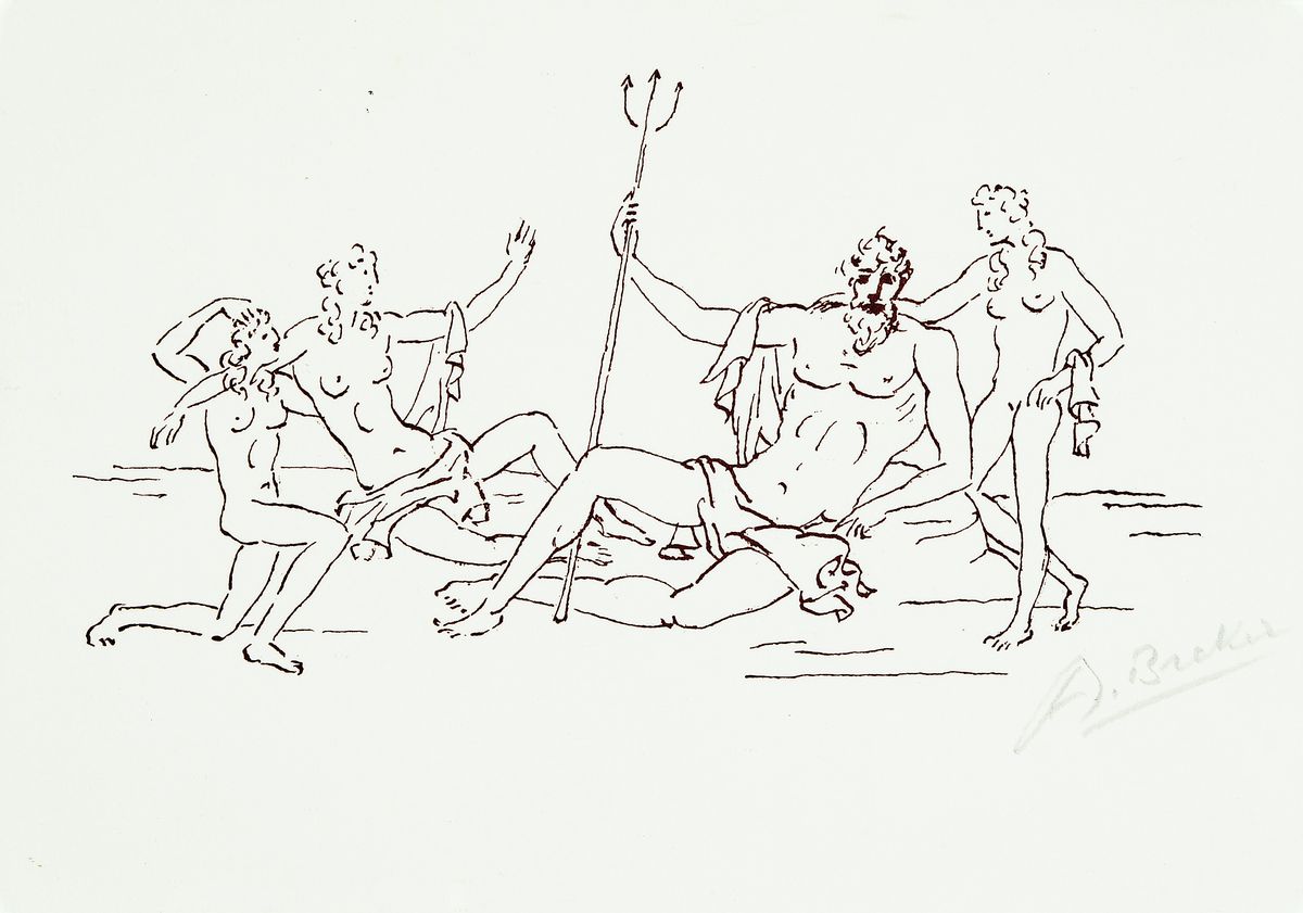 Arno Breker, 1900-1991, Neptun mit Gefolge, Lithographie, handsigniert, ca. 15x21cm, u.Gl., R. ca. 22x31cm