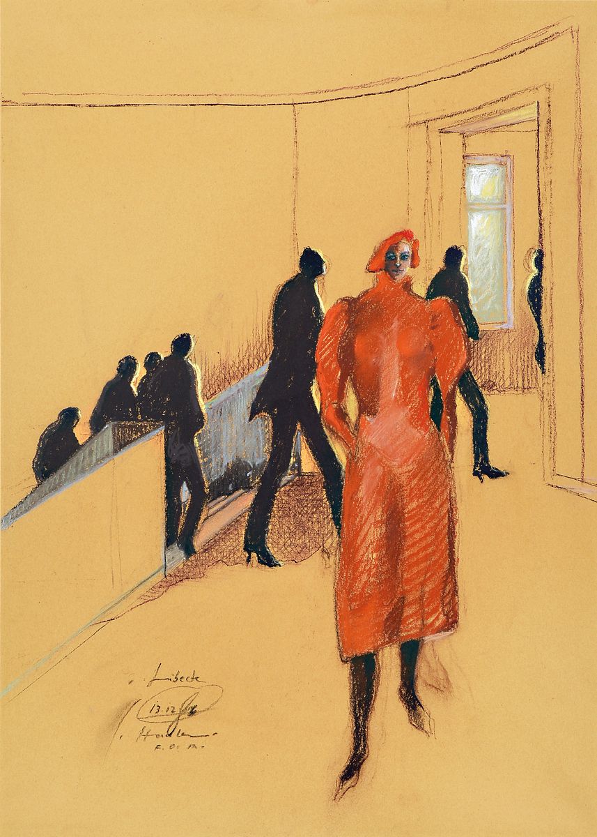 Gizela Hudler, geb. 1934, Frau in Rot, Mischtechnik auf braunem Papier, signiert und bez.: Lübeck,