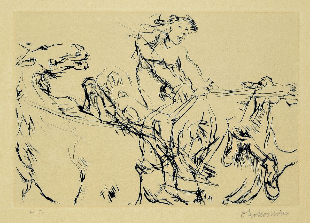 Oskar Kokoschka, Achills Gespann vor dem Abgrund, kaltnadelradierung auf handgeschöpften Bütten, mit Trockenstempel "Edition de ...