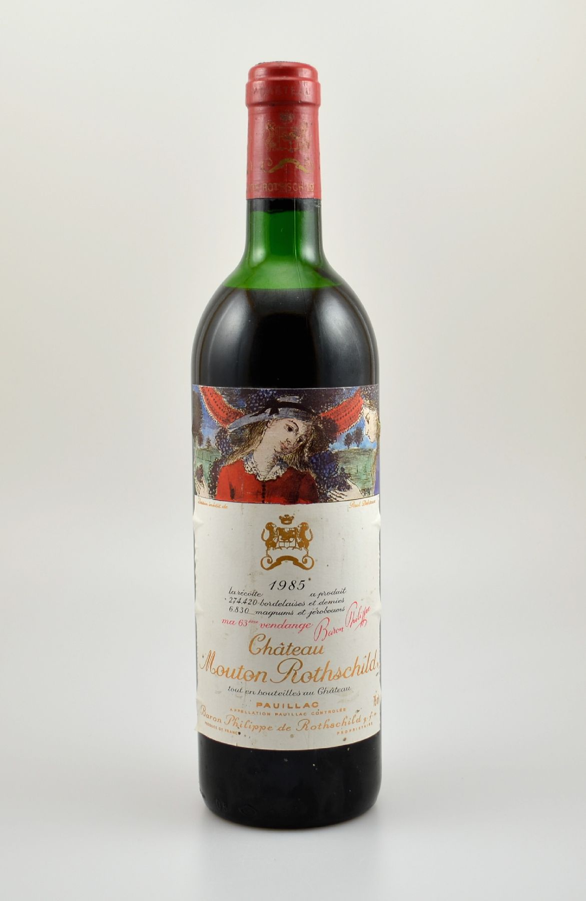 1 Flasche 1985 Chateau Mouton Rothschild, Pauillac, Premier Grand Cru Classe, ca. 75 cl, Füllstand: ca. mid shoulder, Etikett l. beschmutzt, Korken ...