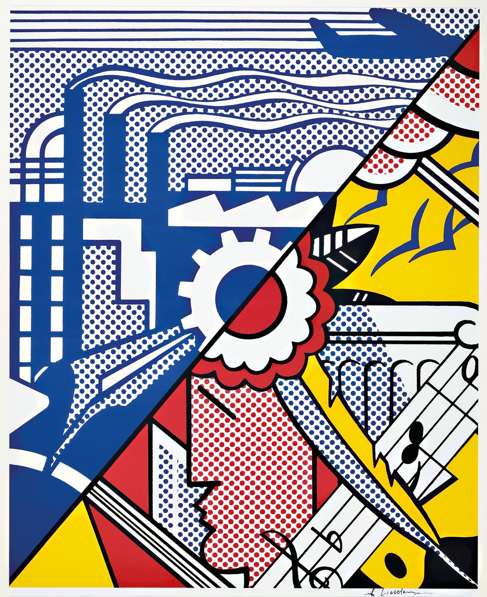 Roy Lichtenstein, 1923-1997, Serigraphie auf dünnem, matt glänzendem Plakat-Papier (ohne Schrift), "Industry an theArts", handsigniert, ...