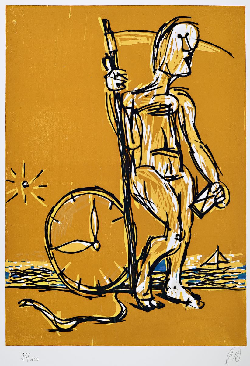 Markus Lüpertz, geb. 1941 Zeitreise, Radierung und Holzschnitt auf dickem Velin, mit Wasserzeichen, 2008, Überlagerung zweier Drucktechniken, ...