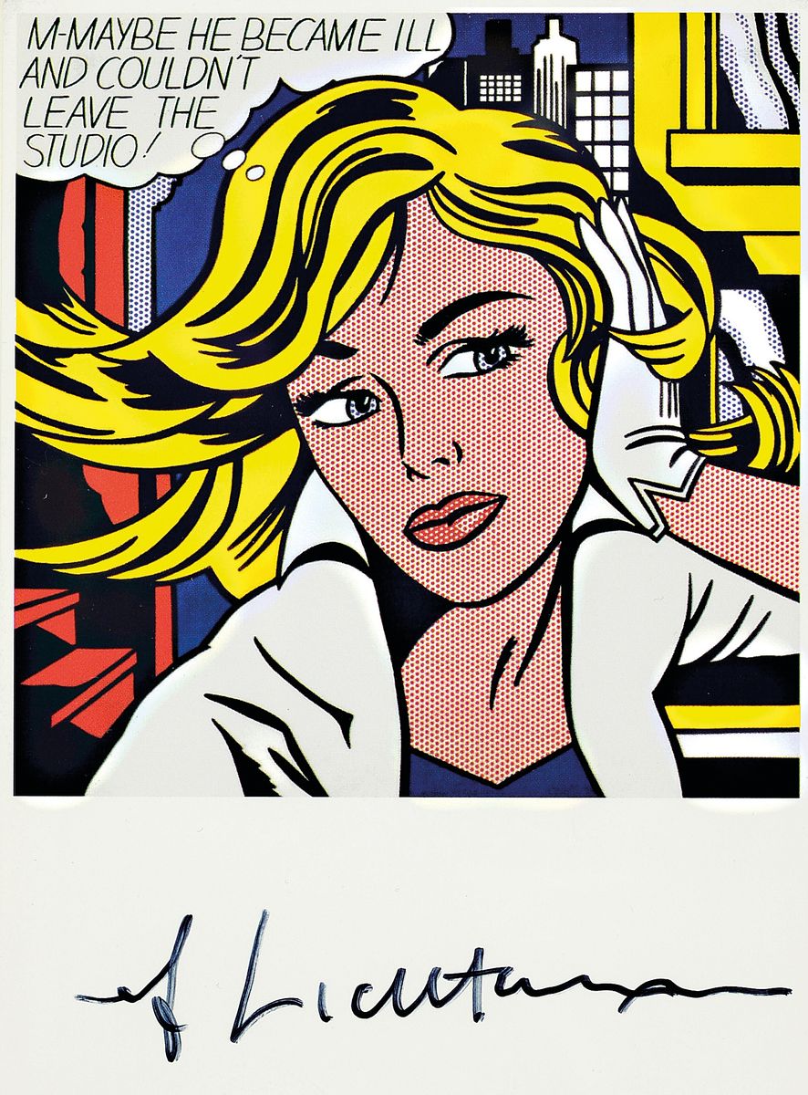 Roy Lichtenstein, 1923-1997, "M-Maybe He Became ill and couldn't Leave the Studio!" Kunstpostkarte, handsign., zwischen doppelt ...