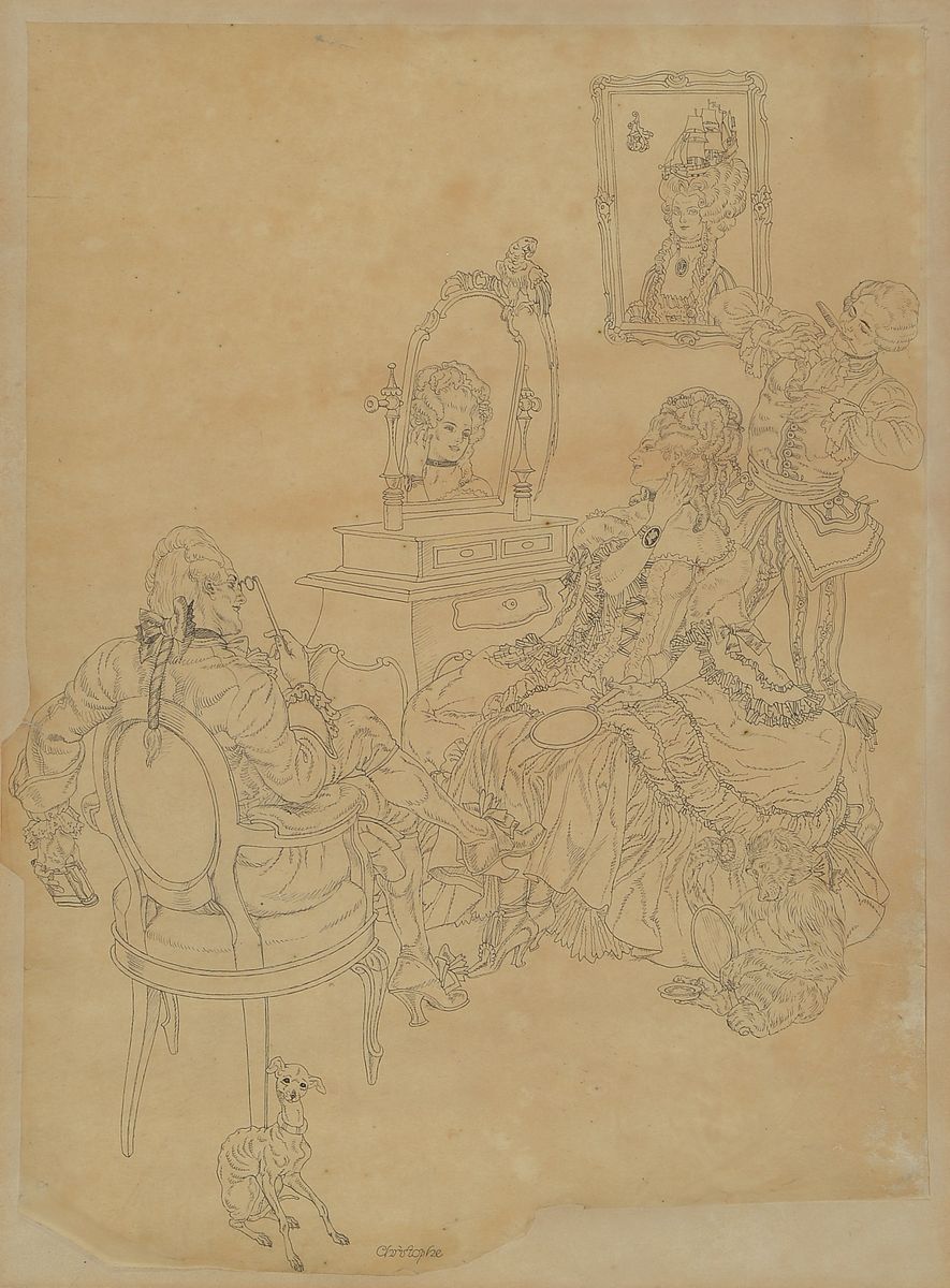 Georges Colomb, genannt "Christophe", 1856-1945, Rokokogesellschaft, Bleistift auf Pergamentpapier, signiert, feine detaillierte ...