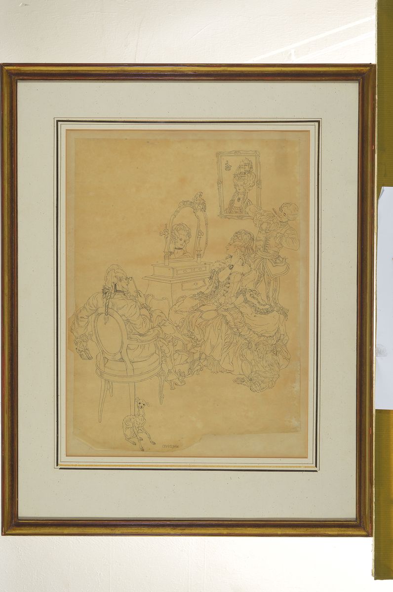 Detail k: Georges Colomb, genannt "Christophe", 1856-1945, Rokokogesellschaft, Bleistift auf Pergamentpapier, signiert, feine detaillierte ...