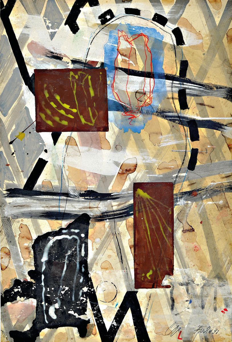 Ole Fischer, 1943-2005, Mischtechnik/Papier,auf Karton befestigt, re. u. sign., dat.91, Blatt ca. 71x48 cm , gesamt mit Karton ca. 100x68 cm , re ...
