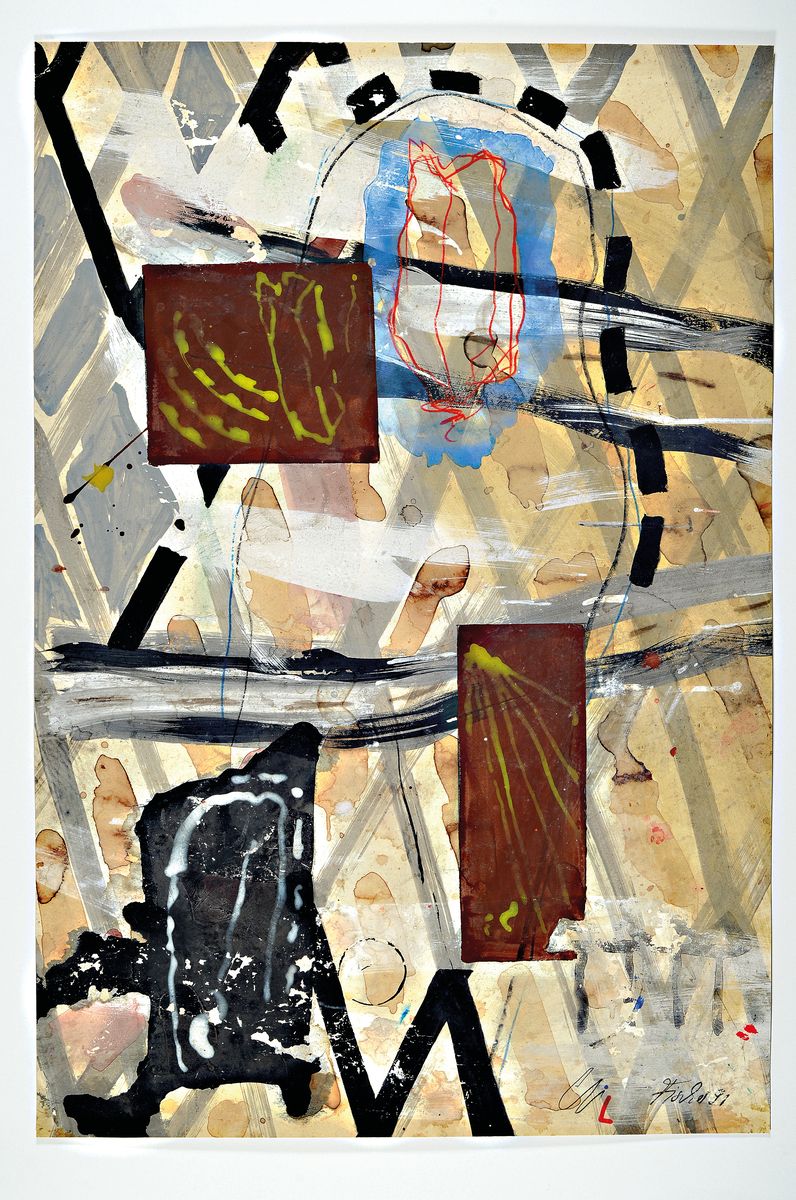 Detail k: Ole Fischer, 1943-2005, Mischtechnik/Papier,auf Karton befestigt, re. u. sign., dat.91, Blatt ca. 71x48 cm , gesamt mit Karton ca. 100x68 cm , re ...