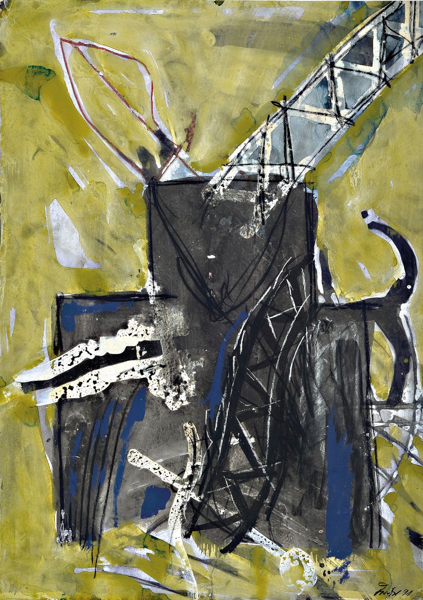 Ole Fischer, 1943-2005, Mischtechnik/Papier,auf Karton befestigt, re. u. sign., dat. 91, gesamt 100x70 cm