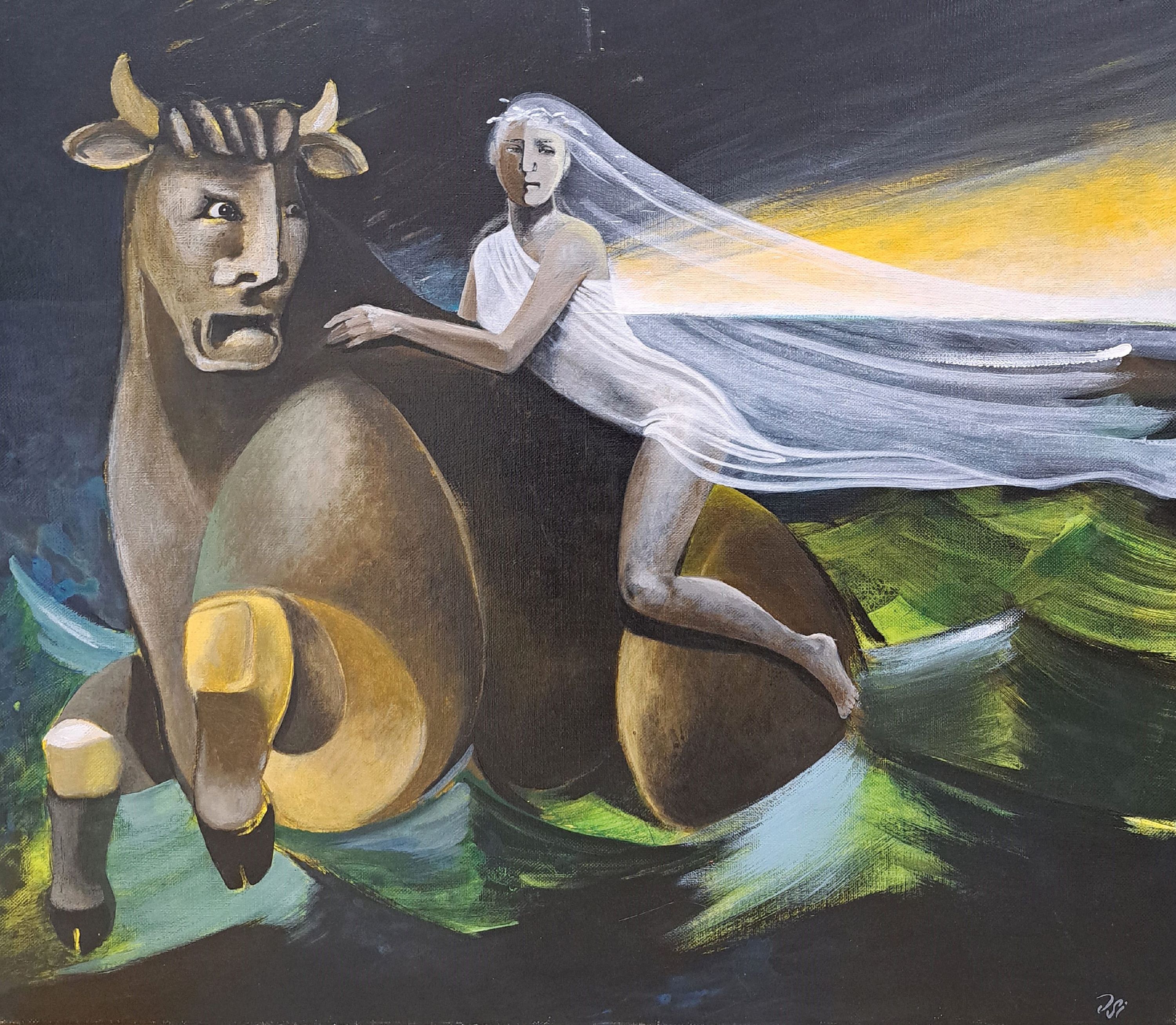 Detail k: Ingrid Dickmann, geb. 1942, "Europa und der Stier" , Acryl/Lwd, re. u. signiert , ca.60,5x70 cm, l. gebrsp