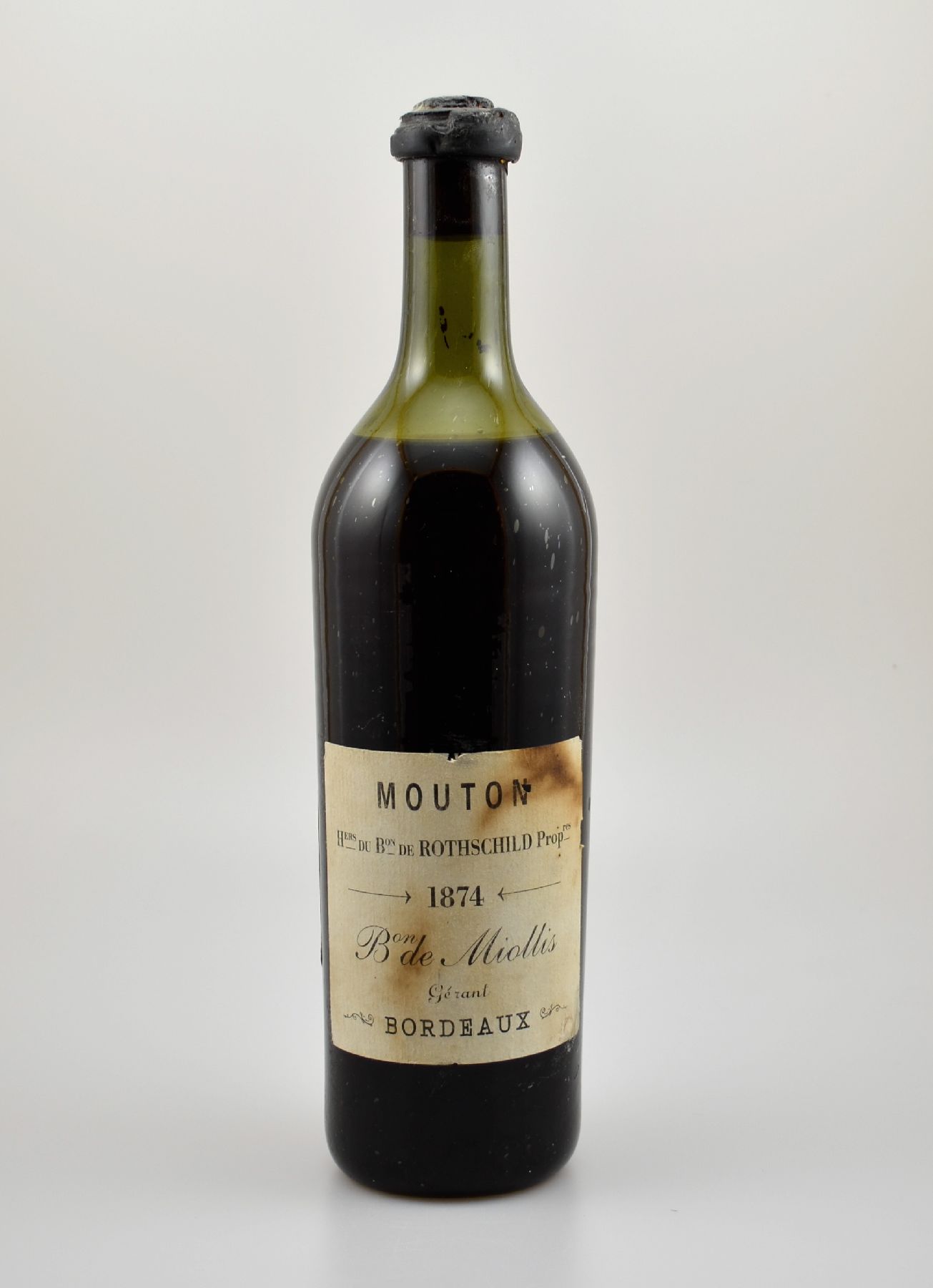 1 seltene Flasche 1874 Mouton Rothschild, Füllstand: ca. mid shoulder, Kapselwachs l. besch., Etikett l. beschmutzt bzw. besch., Rückenetikett von ...