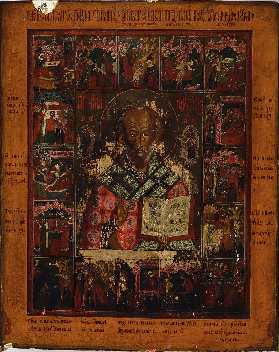 Große Ikone, Russland, 18./19. Jh.,, Vielfelderikone, Farben teilweise gelockert, ca. 54 x 43 cm, am oberen Rand teilweise abgeblättert