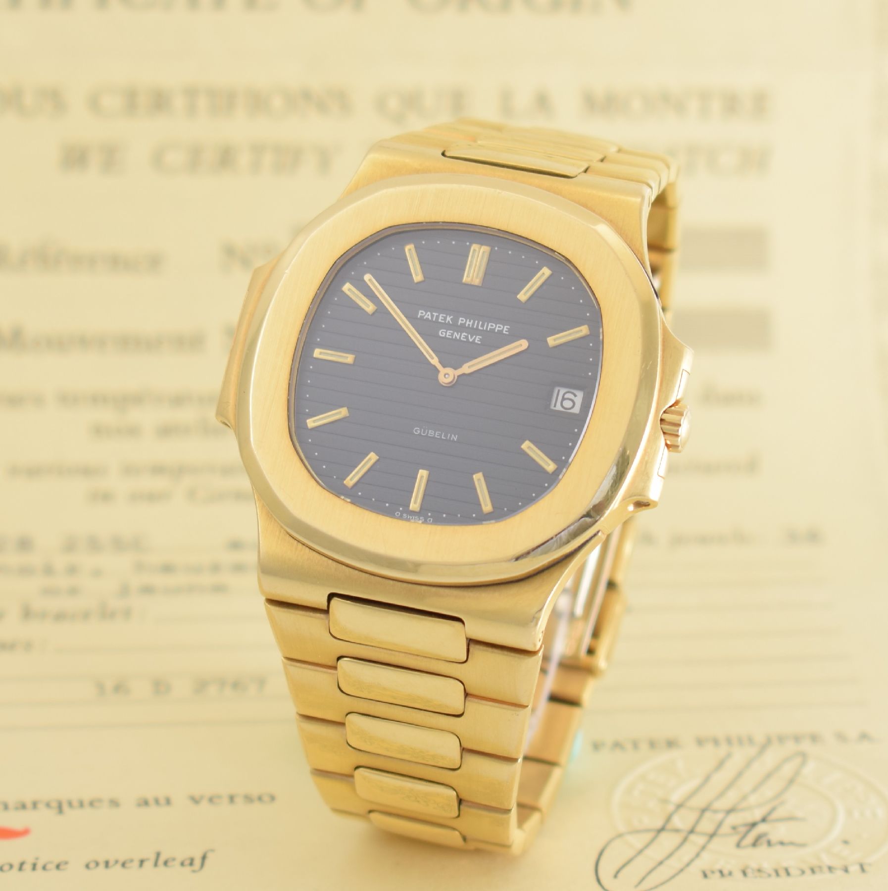 Detail d: PATEK PHILIPPE / GÜBELIN hochfeine & seltene Herrenarmbanduhr "Jumbo" Nautilus Ref. 3700/1 Design von Gerald Genta in GG 750/000 mit ...