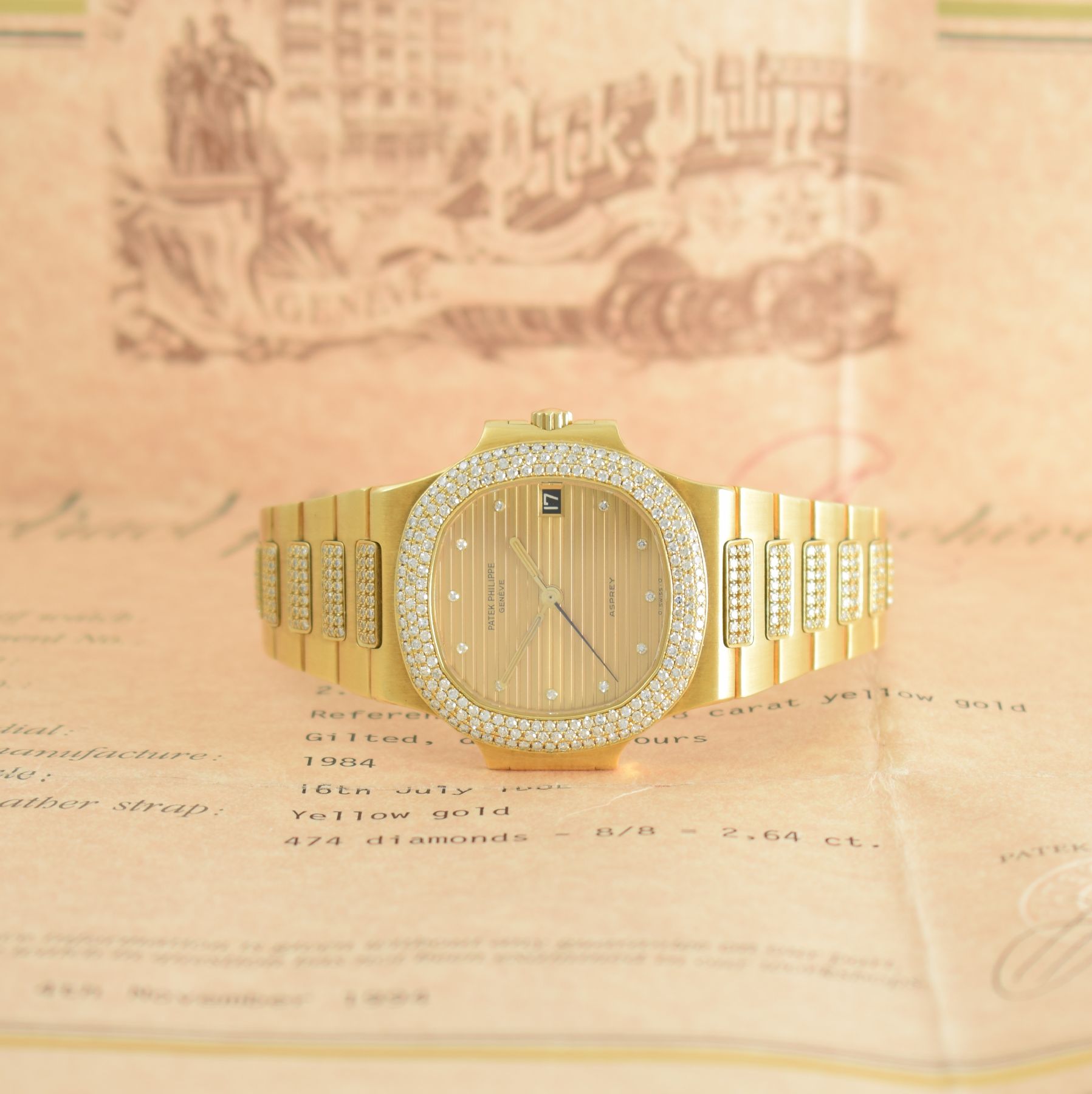 PATEK PHILIPPE / ASPREY hochfeine Herrenarmbanduhr Modell Nautilus Design von Gerald Genta in GG 750/00 mit original Brillantbesatz, Automatik, ...