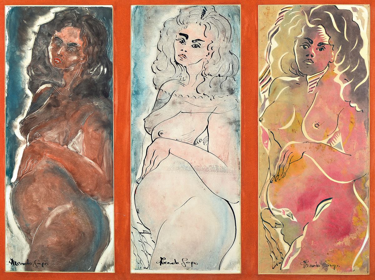 Ricardo Gago, geb. 1949, Can Gili, zeitgenössischer spanischer Künstler, drei Frauenakte, Aquarelle, signiert, ca. 47 x 19 cm