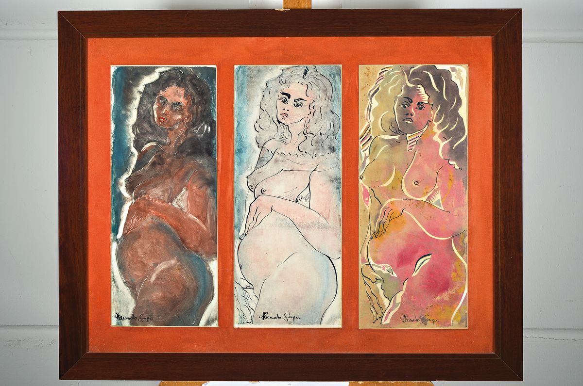 Detail k: Ricardo Gago, geb. 1949, Can Gili, zeitgenössischer spanischer Künstler, drei Frauenakte, Aquarelle, signiert, ca. 47 x 19 cm