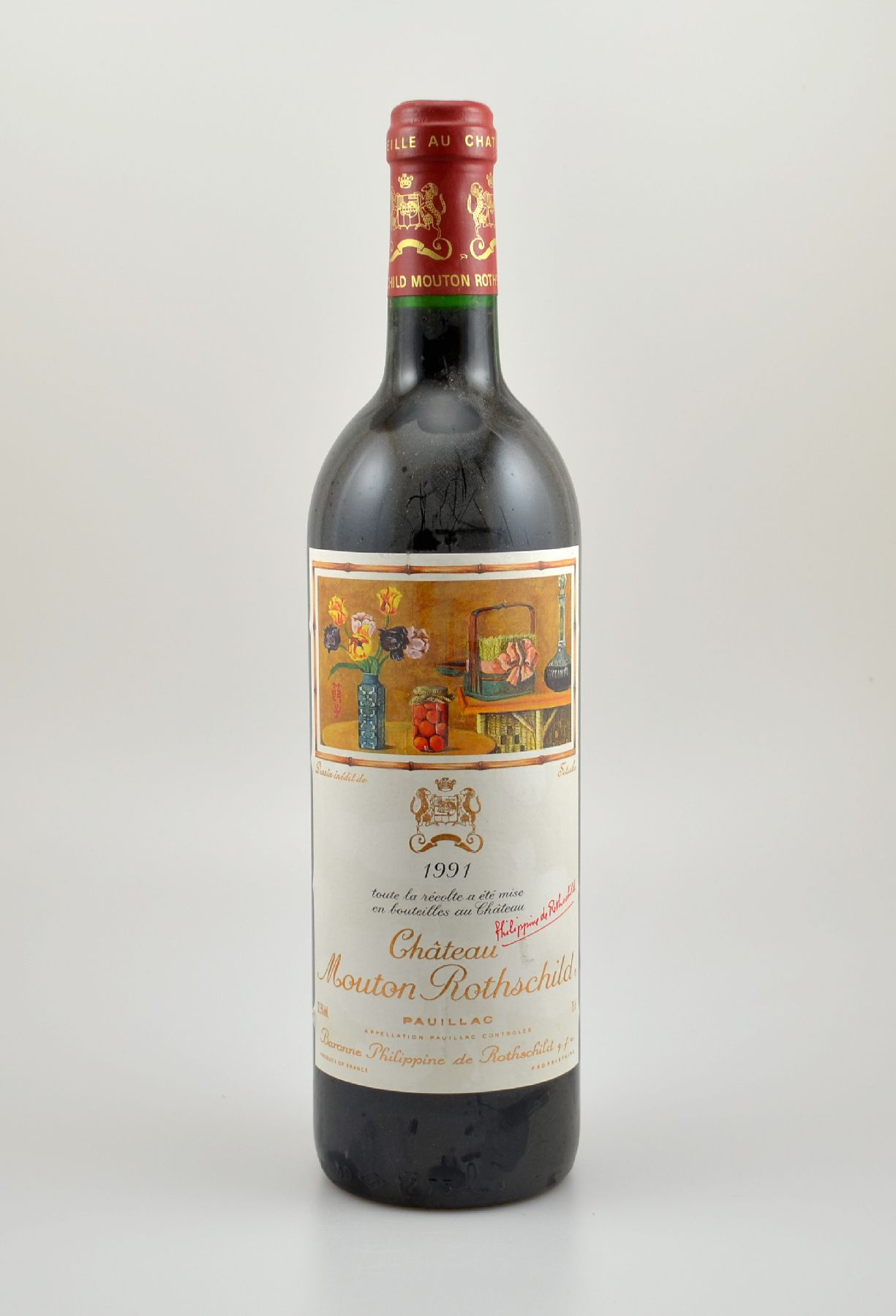 1 Flasche 1991 Chateau Mouton Rothschild, Pauillac, Premier Grand Cru Classe, ca. 75 cl,12,5 % Vol., Füllstand: into neck, sehr guter ...