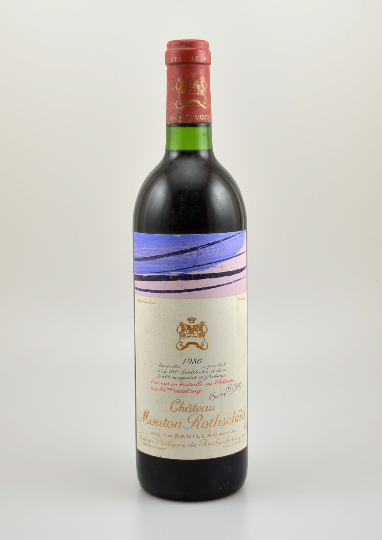 1 Flasche 1980 Chateau Mouton Rothschild, Pauillac, Premier Grand Cru Classe, ca. 75 cl., Füllstand: ca. into neck, unverkostet, Künstleretikett ...