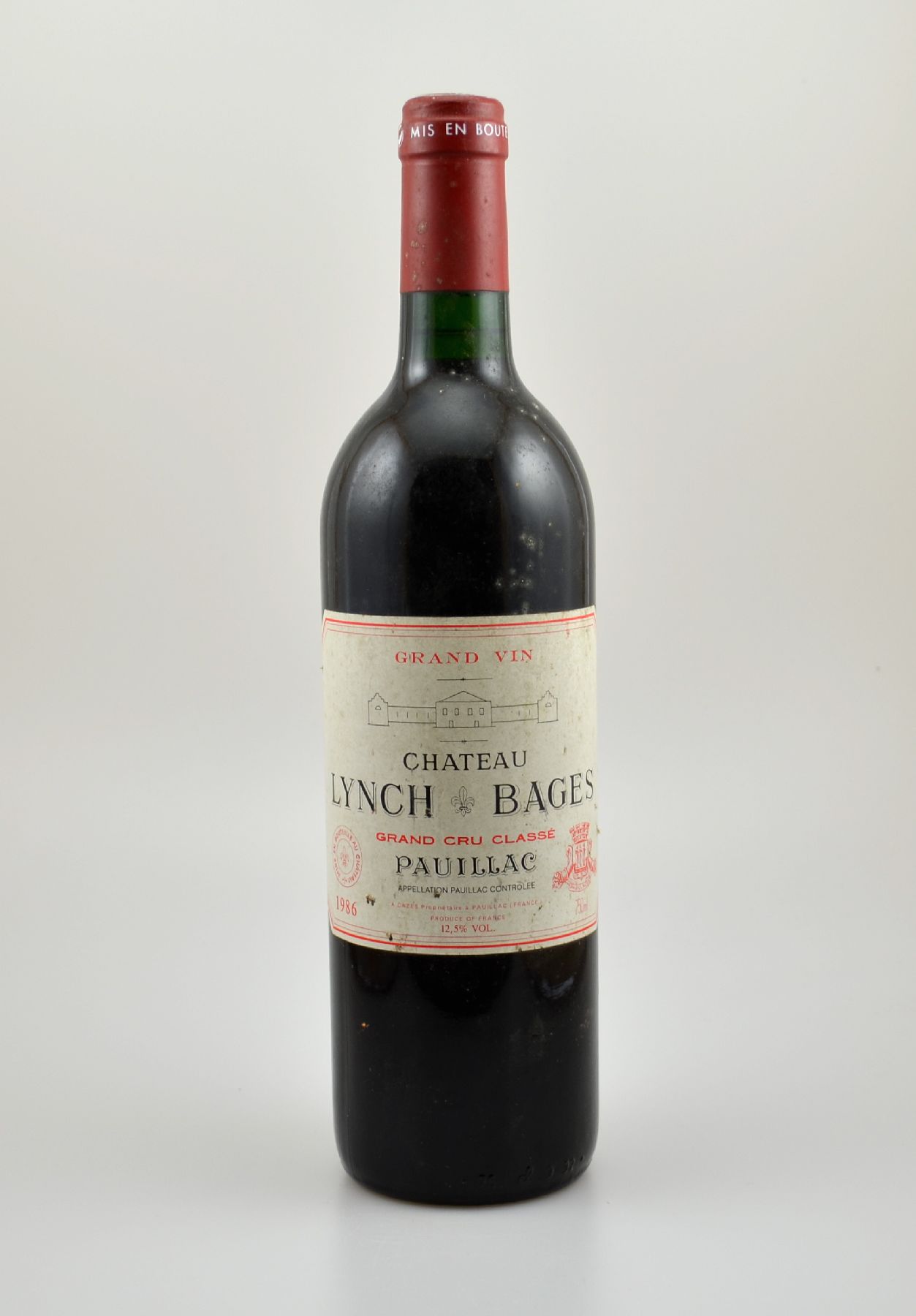 1 Flasche 1986 Chateau Lynch Bages, Pauillac, Grand Cru Classe, ca. 75 cl, 12,5 % Vol., Füllstand: into neck, Etikett l. beschmutzt, unverkostet, ...