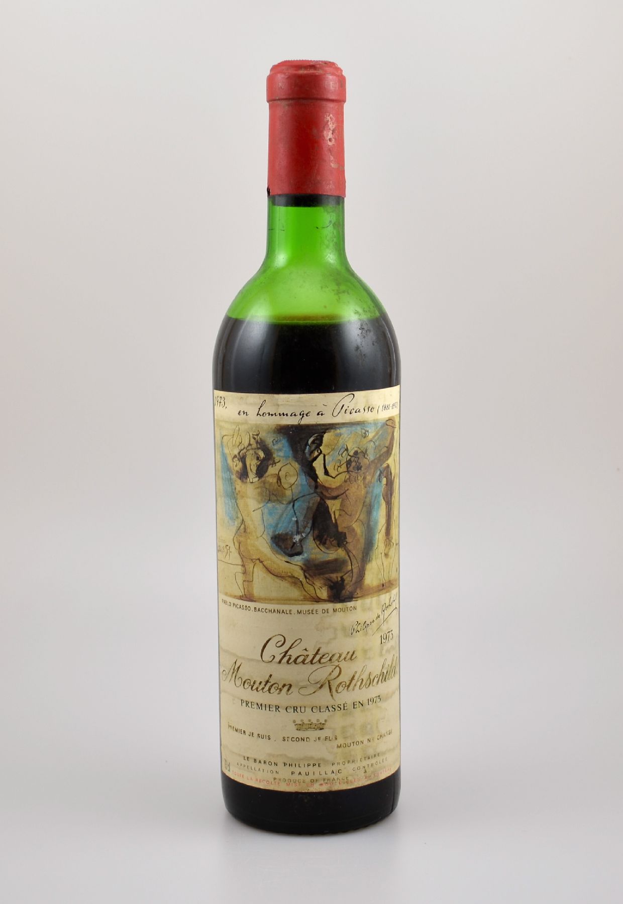 1 Flasche 1973 Chateau Mouton Rothschild, Pauillac, Premier Grand Cru Classe, ca. 73 cl, Füllstand: ca. lower mid shoulder, Etikett l. beschmutzt, ...