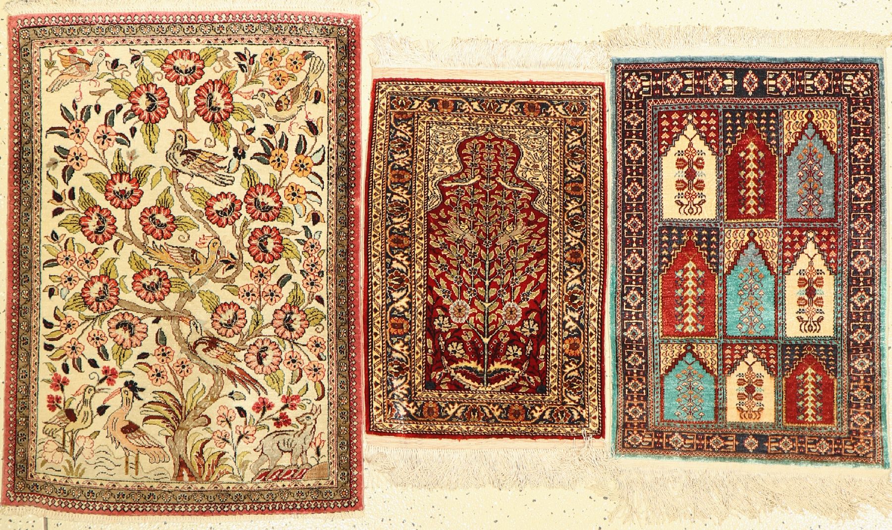 Konvolut aus 3 Teppichen,Ghom Seide Persien 2x Kaisery Türkei, Naturseide.78 x56 Ghom, kaisery 75 x 43cm , kaisery 56 x 37 cm.