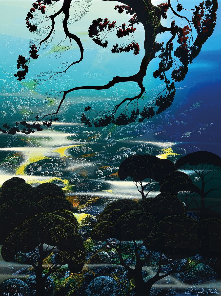 Eyvind Earle, 1916-2000, Farbserigraphie, sign., Auflage 332, num. 309/332, unter Glas gerahmt, gesamt ca. 115x99 cm