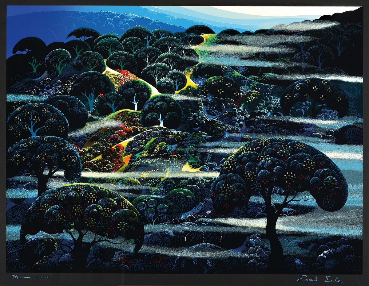 Eyvind Earle, 1916-2000, Farbserigrafie, sign., Auflage 10, num. 4/10, unter Glas gerahmt, gesamt ca. 115x99 cm