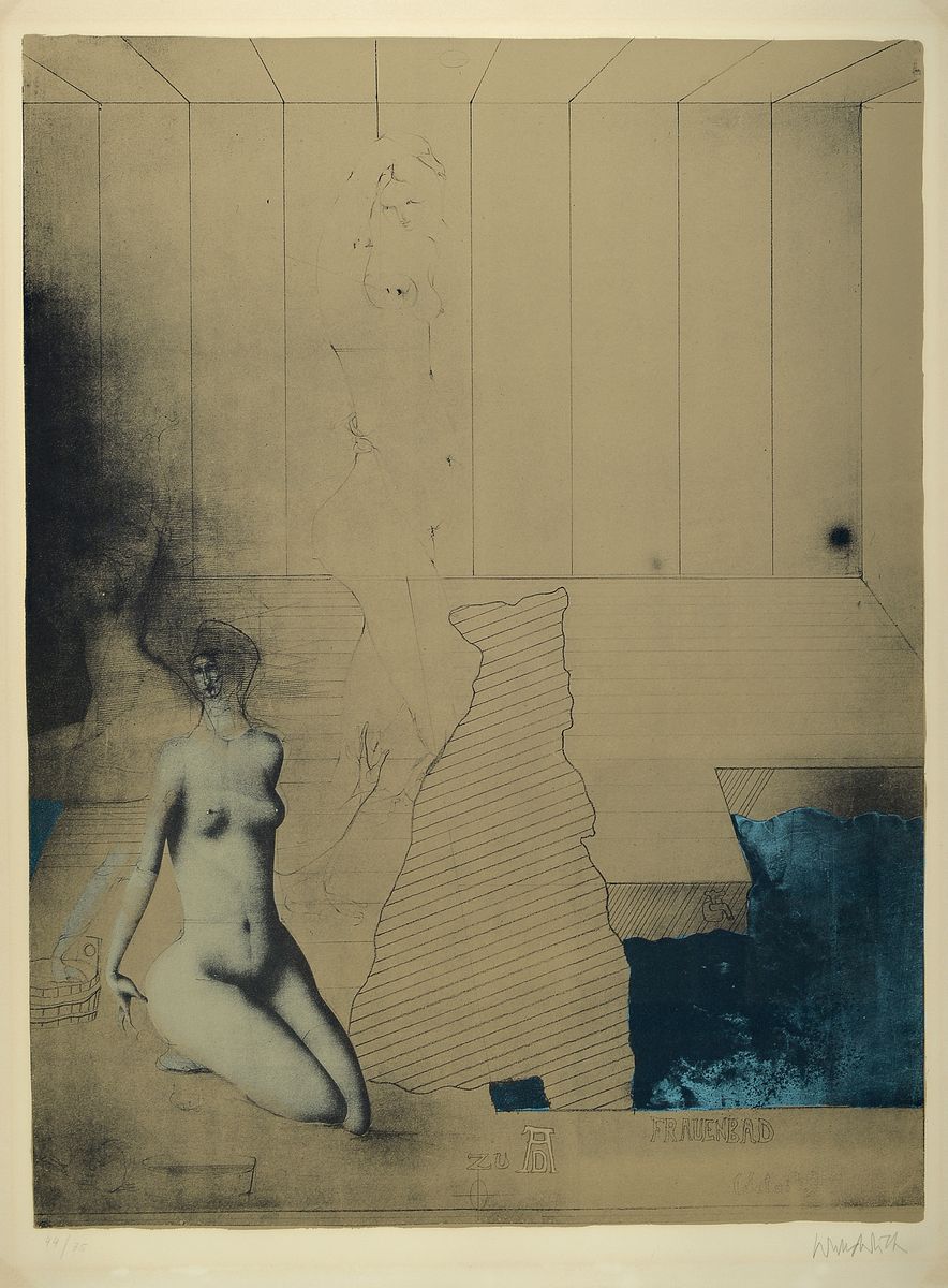 Paul Wunderlich, 1927-2010, Lithographie, So baden die Frauen in Bremen num. 44/75, handsigniert, leicht gebräunt, l. Altersspuren, 84 x 62 cm, ...