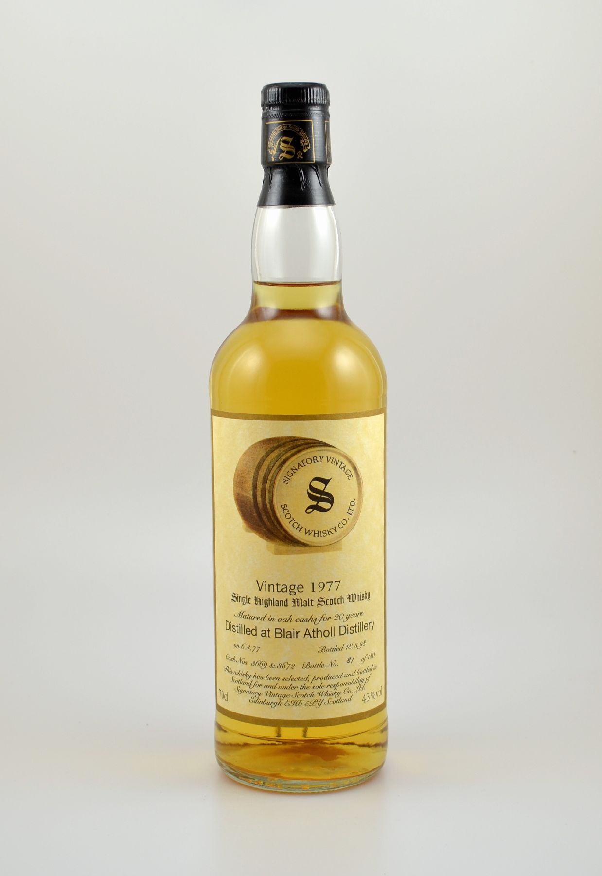 1 Flasche 1977 Signatory Single Highland Malt Scotch Whisky, distilled at Blair Atholl Distillery, ca. 70 cl, 43 % Vol., 20 Years Old, im Jahr 1998 ...