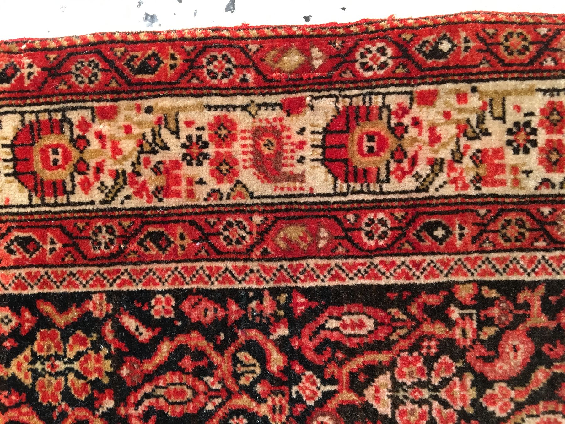 Detail b: Sehr feiner Mischan Malayer antik, Westpersien, 19.Jahrhundert, Korkwolle geknüpft auf Baumwolle. Sehr aufwändig gemusterter Malayer aus dem Dorf ...
