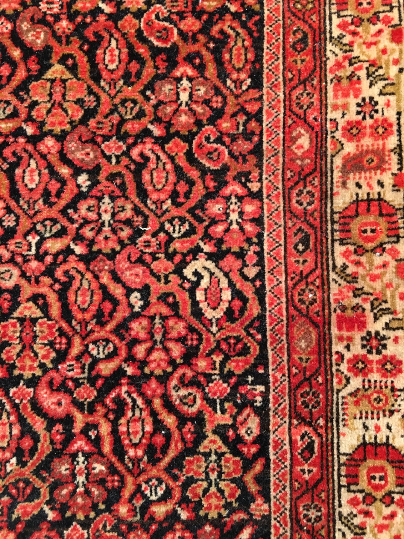 Detail e: Sehr feiner Mischan Malayer antik, Westpersien, 19.Jahrhundert, Korkwolle geknüpft auf Baumwolle. Sehr aufwändig gemusterter Malayer aus dem Dorf ...