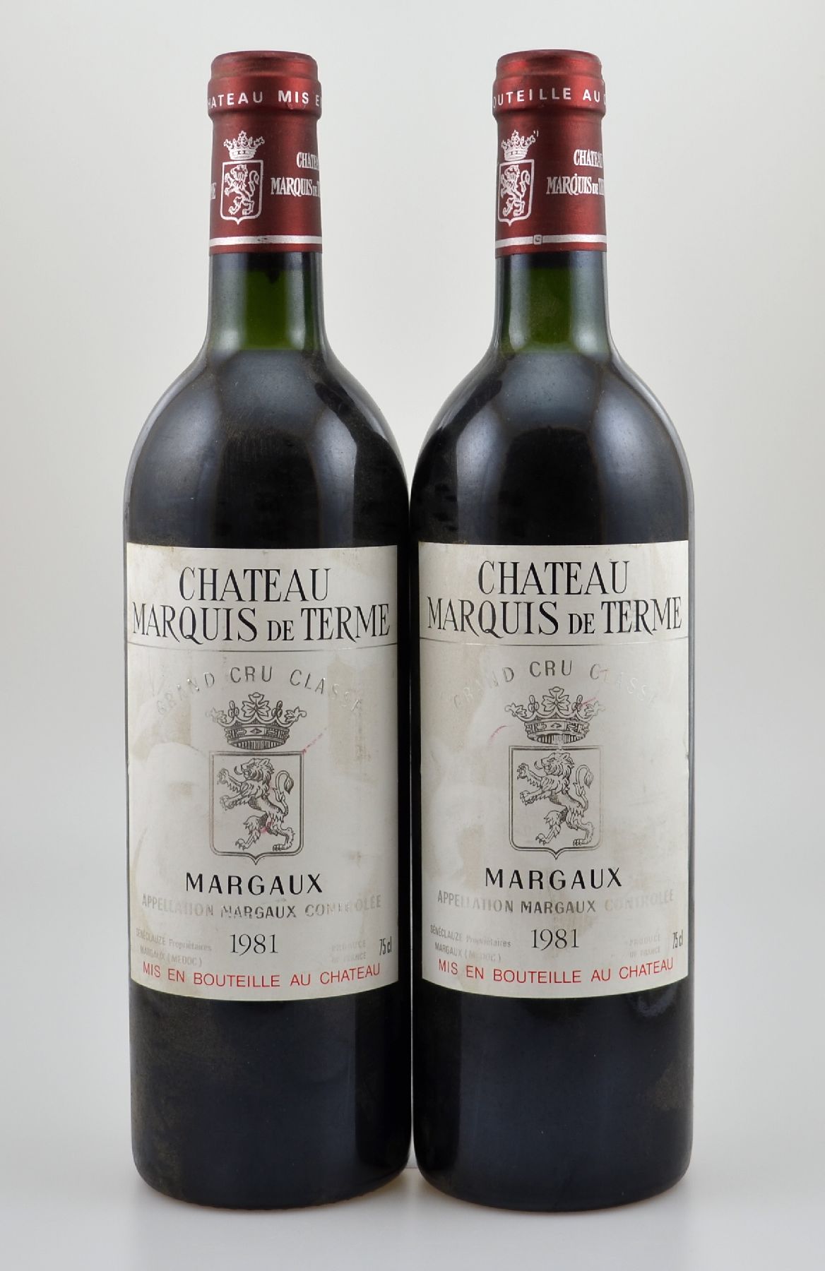 2 Flaschen 1981 Chateau Marquis de Terme, Margaux, Grand Cru Classe, je ca. 75 cl, Füllstände: je ca. top shoulder, unverkostet,Provenienz: Aus ...