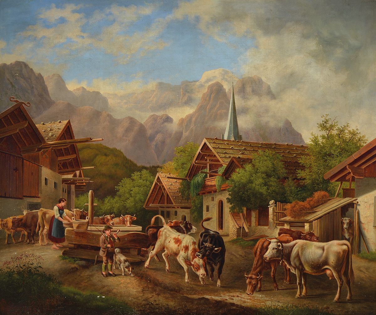 Unbekannter Maler, wohl Österreich, um 1910, Kühe in einem Bergbauerndorf, Ansicht des Floriansbrunnen in Partenkirchen, Öl/Lwd, feine lasierende ...