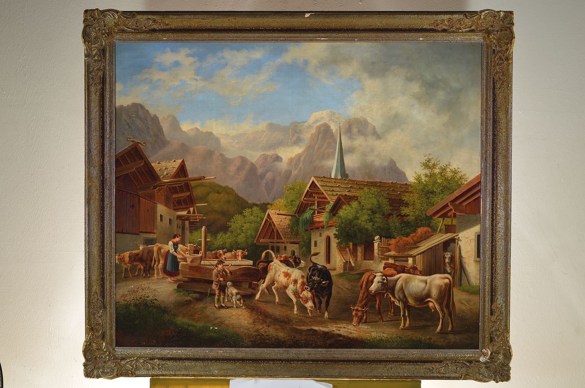 Detail k: Unbekannter Maler, wohl Österreich, um 1910, Kühe in einem Bergbauerndorf, Ansicht des Floriansbrunnen in Partenkirchen, Öl/Lwd, feine lasierende ...