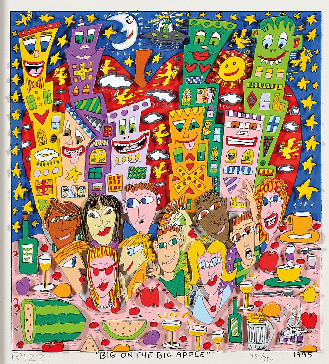 James Rizzi, 1950-2011, Big on the big Apple, 3D-Konstruktion, handsign., num. 95/350, dat. 1995, unter Glas gerahmt, Motiv ca. 21,5x20 cm , gesamt ...