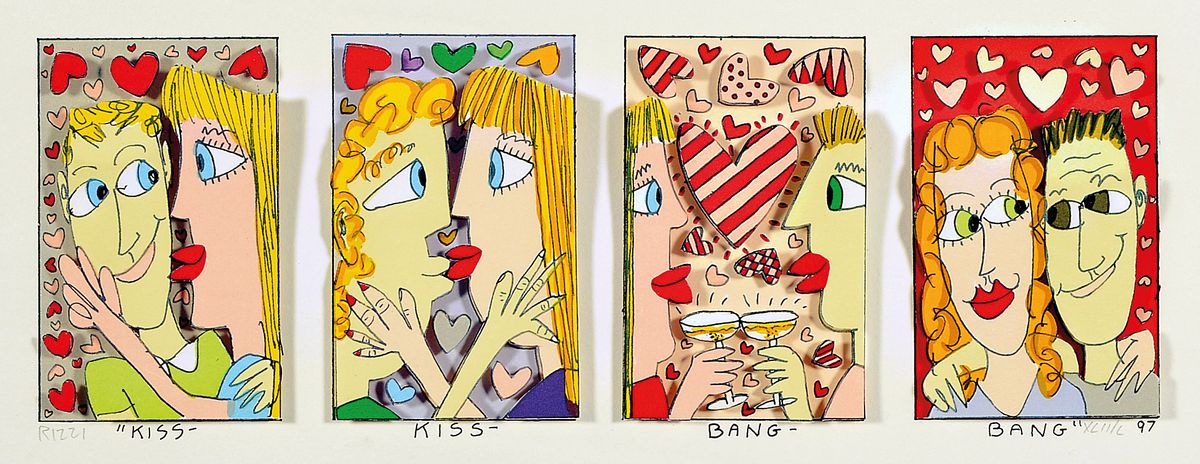 James Rizzi, 1930-2011, Kiss Kiss Bang Bang, 3D-Konstruktion, handsign., num. dat.97,unter Glas gerahmt, gesamt ca, 41x51 cm